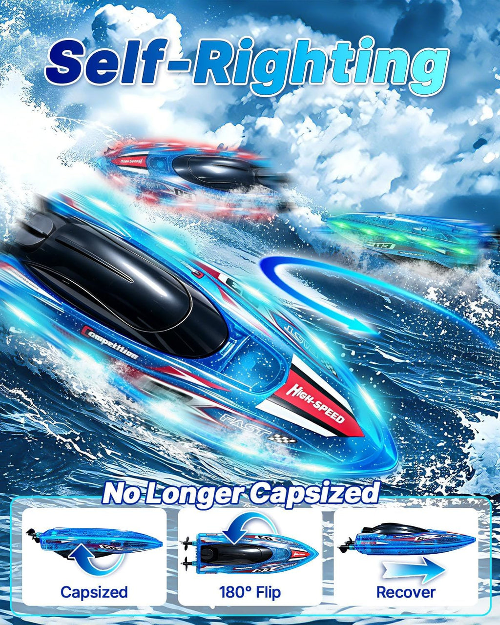 Remote Control Boat for Kids, 25 MPH Brushless RC Boat Fast Speed | LED Light, 2 Batteries, Self-righting, 2 Speeds