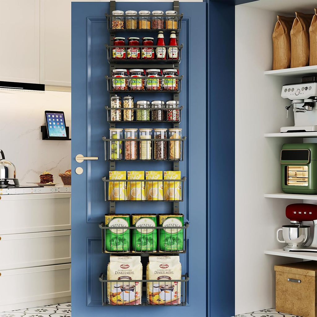Over The Door Pantry Organizer, 8-Tier Over The Door Organizer with Adjustable Baskets, Metal Hanging Spice Rack for