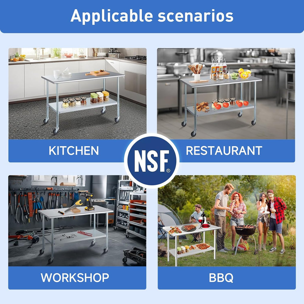Stainless Steel Table for Prep & Work 24x48 Inches, NSF Metal Commercial Kitchen Heavy Duty Table with Adjustable