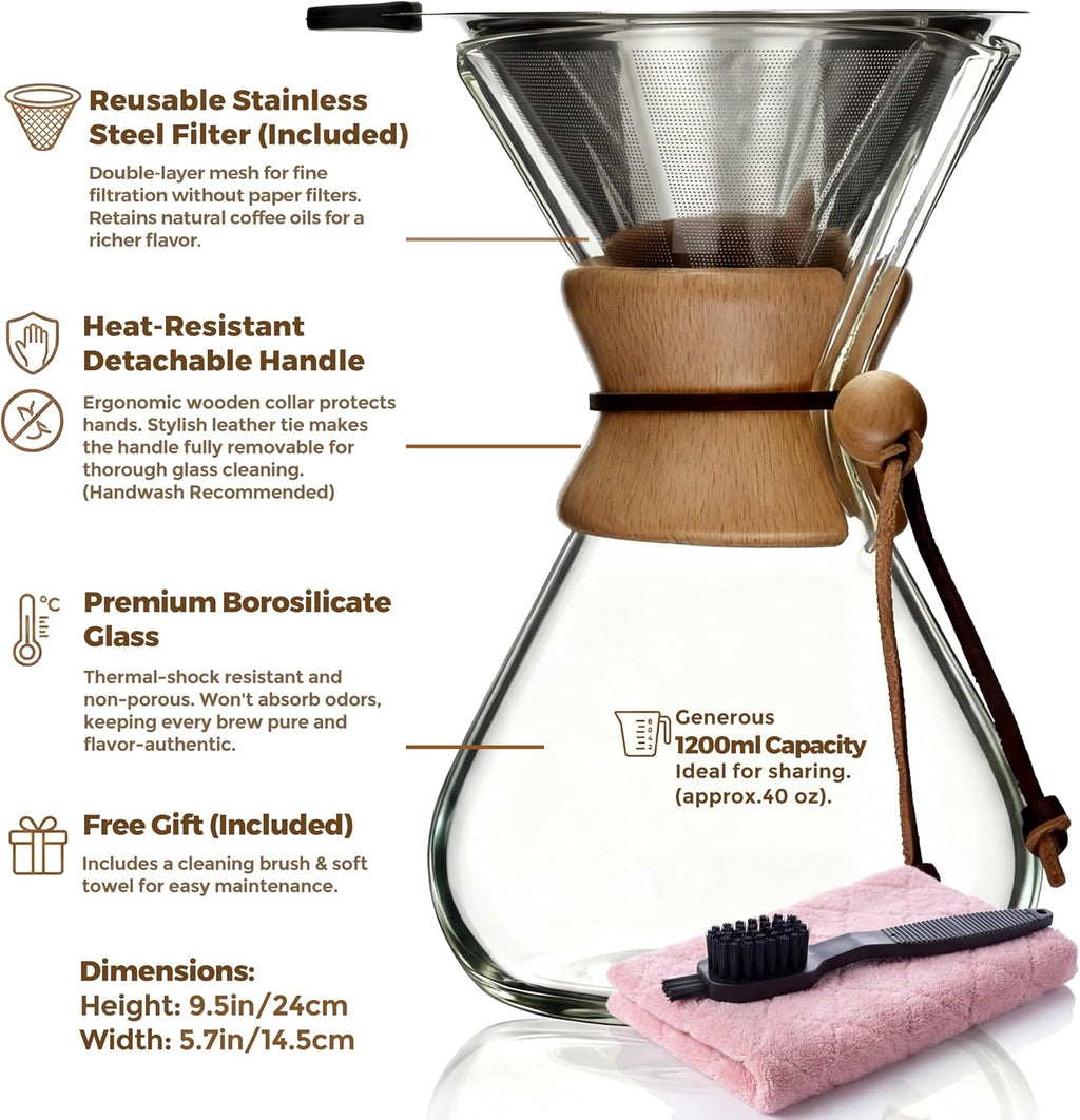 Pour Over Coffee Maker Set, 40oz Classic Style, 304 Stainless Filter | Barista kit for home kitchen, Cafe, Camping &