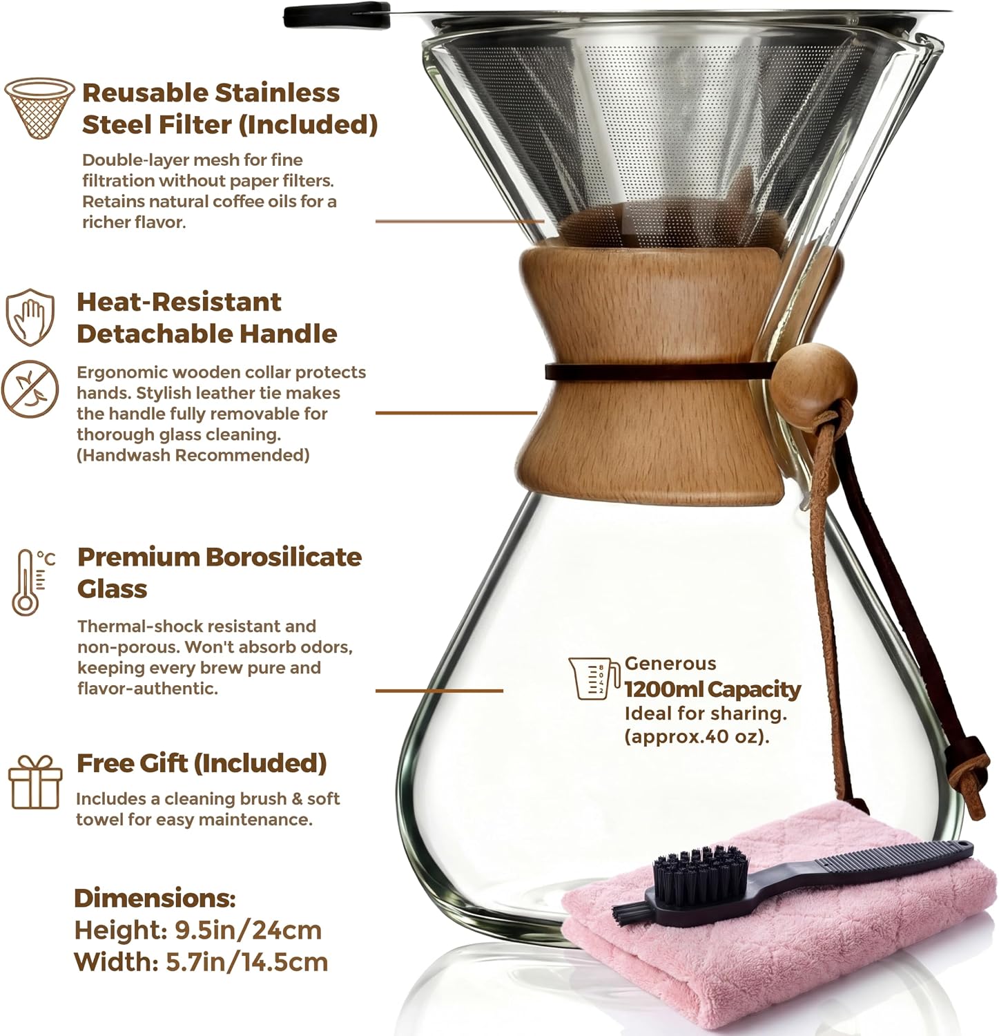 Pour Over Coffee Maker Set, 40oz Classic Style, 304 Stainless Filter | Barista kit for home kitchen, Cafe, Camping &