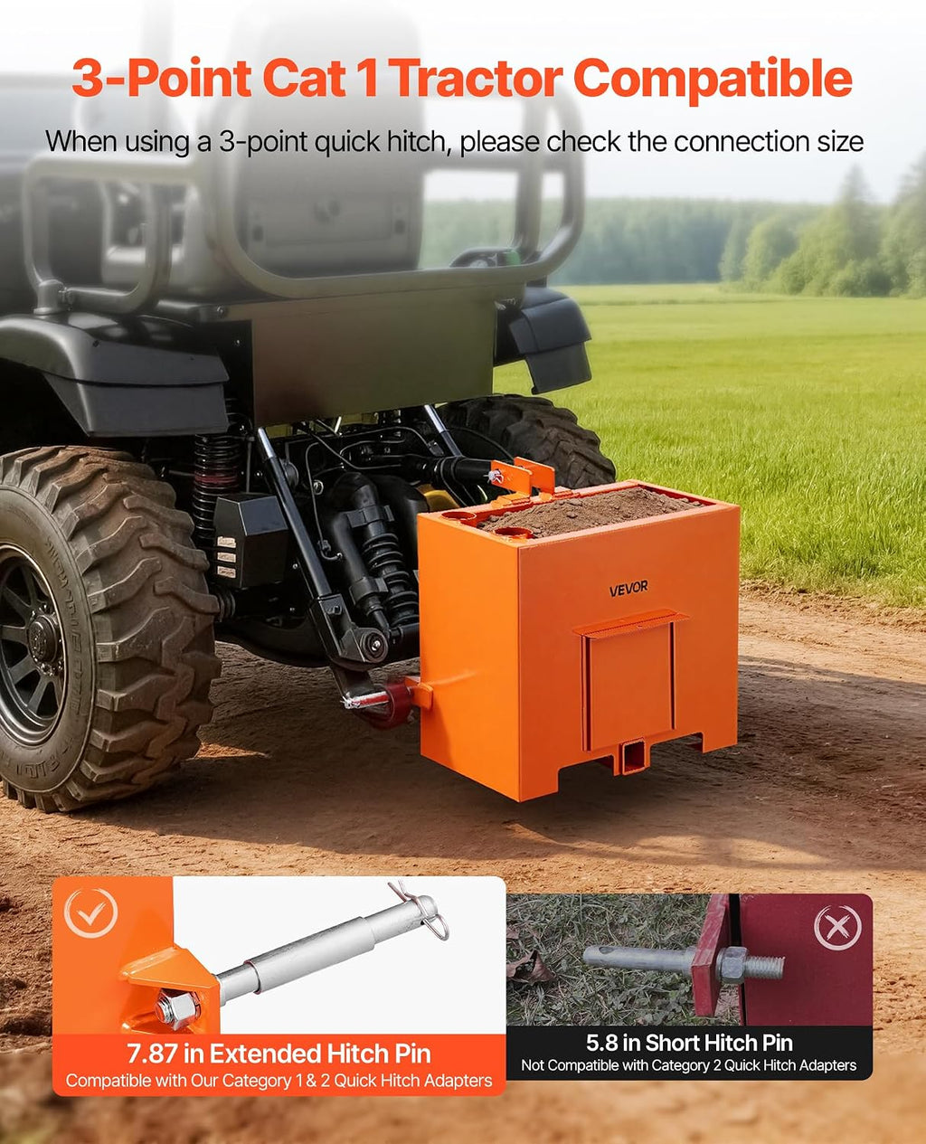 Ballast Box, 3-Point Category 1 Tractor Ballast of 800 lbs Capacity, Standard 2 Inch Hitch Receiver, Heavy-Duty Steel