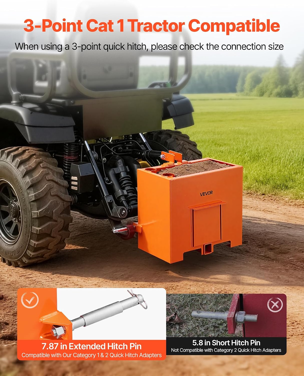 Ballast Box, 3-Point Category 1 Tractor Ballast of 800 lbs Capacity, Standard 2 Inch Hitch Receiver, Heavy-Duty Steel