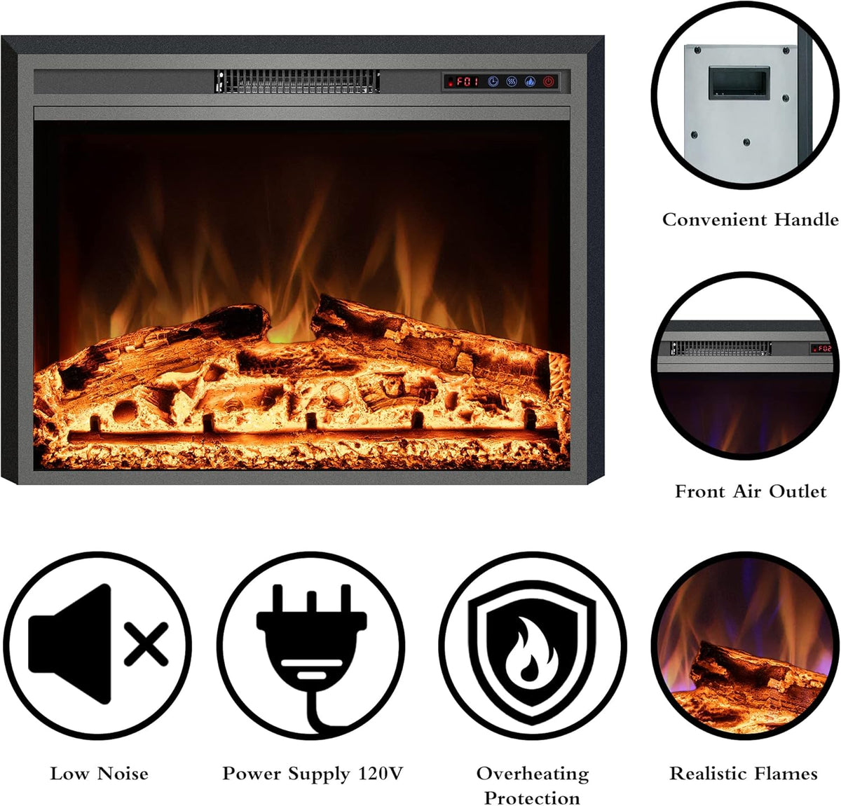 Electric Fireplace, Electric Fireplace Inserts, Recessed Fireplace Heater with Remote Control, Adjustable Flame