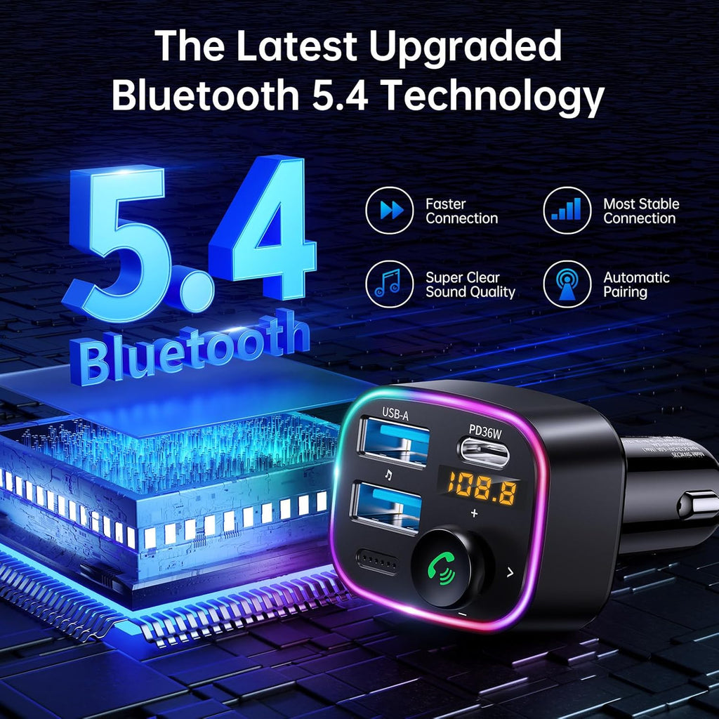 Bluetooth 5.4 Car Adapter 48W FM Transmitter for Hands Free Calls | Light Switch, Fast Charge (PD 36W & 12W), HiFi