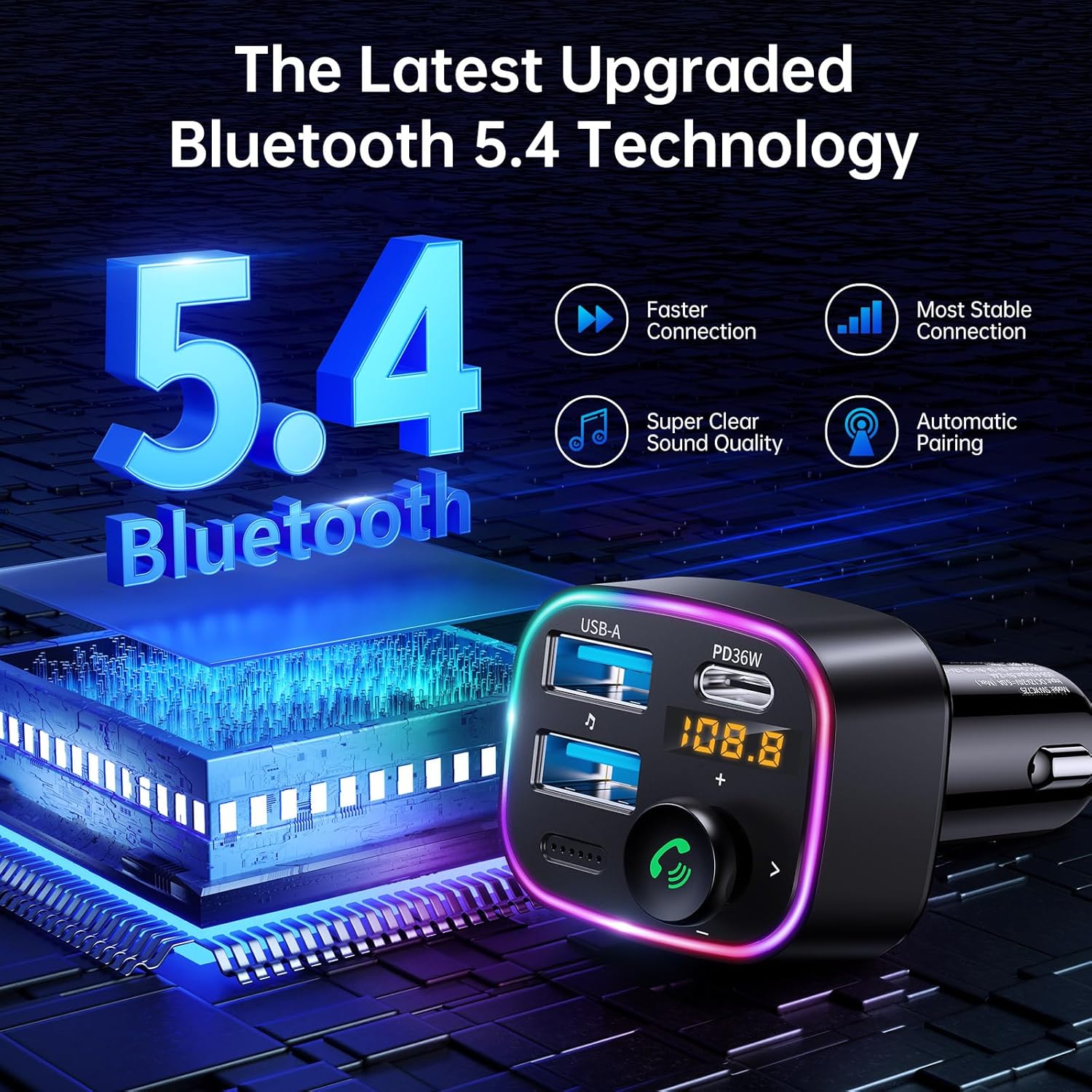 Bluetooth 5.4 Car Adapter 48W FM Transmitter for Hands Free Calls | Light Switch, Fast Charge (PD 36W & 12W), HiFi
