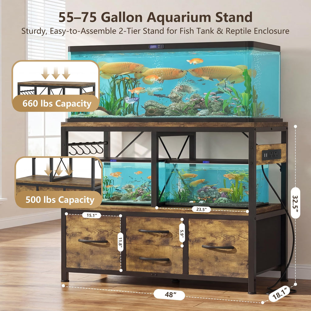 55-75 Gal Fish Tank Stand with Drawer, Power Outlet, Rustic HAS005SR