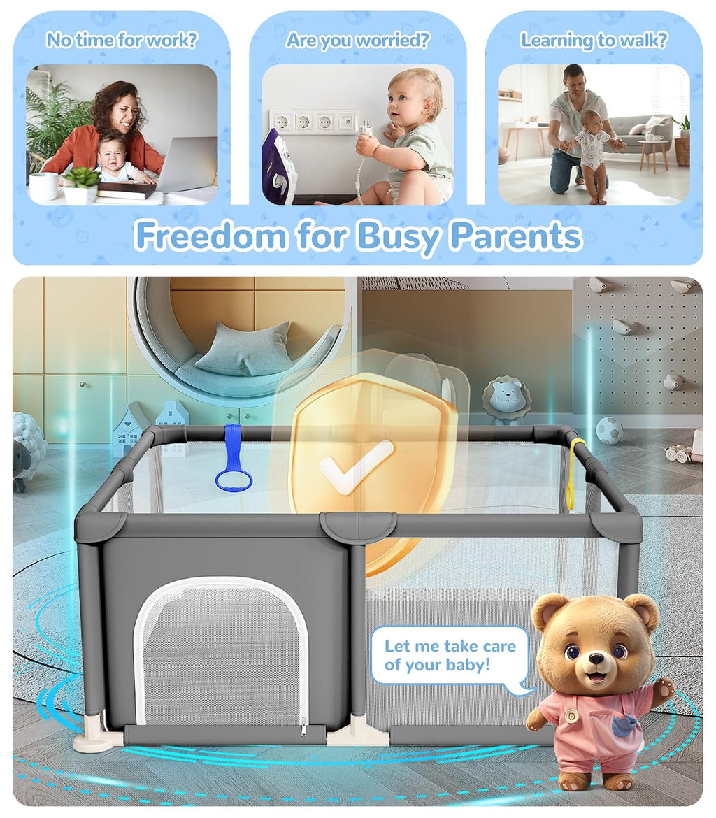 Baby Playpen, 47"x47" Small Play Pen for Babies, Grey | Breathable Visible Mesh, Anti-Fall Design, Easy Setup