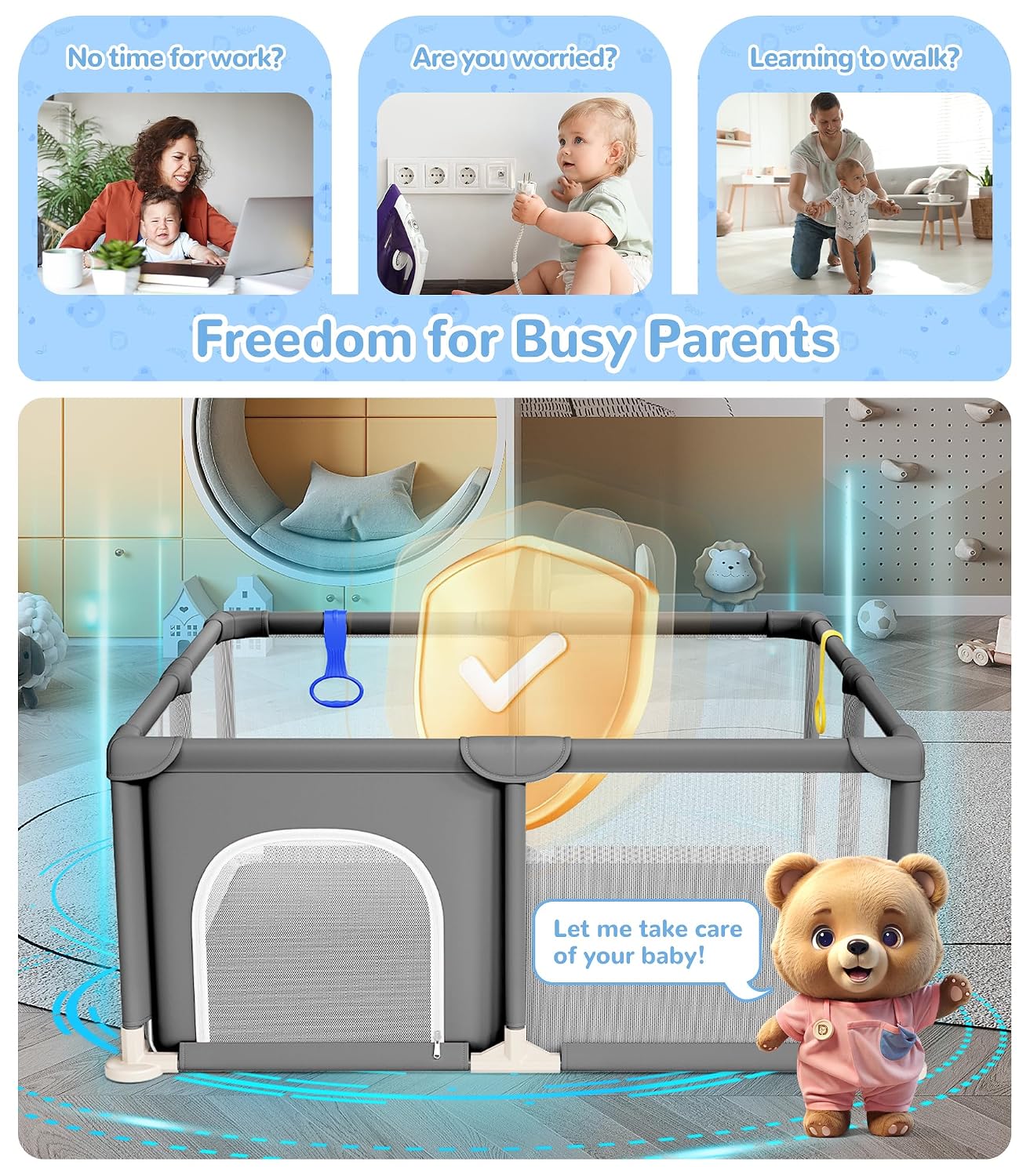Baby Playpen, 47"x47" Small Play Pen for Babies, Grey | Breathable Visible Mesh, Anti-Fall Design, Easy Setup