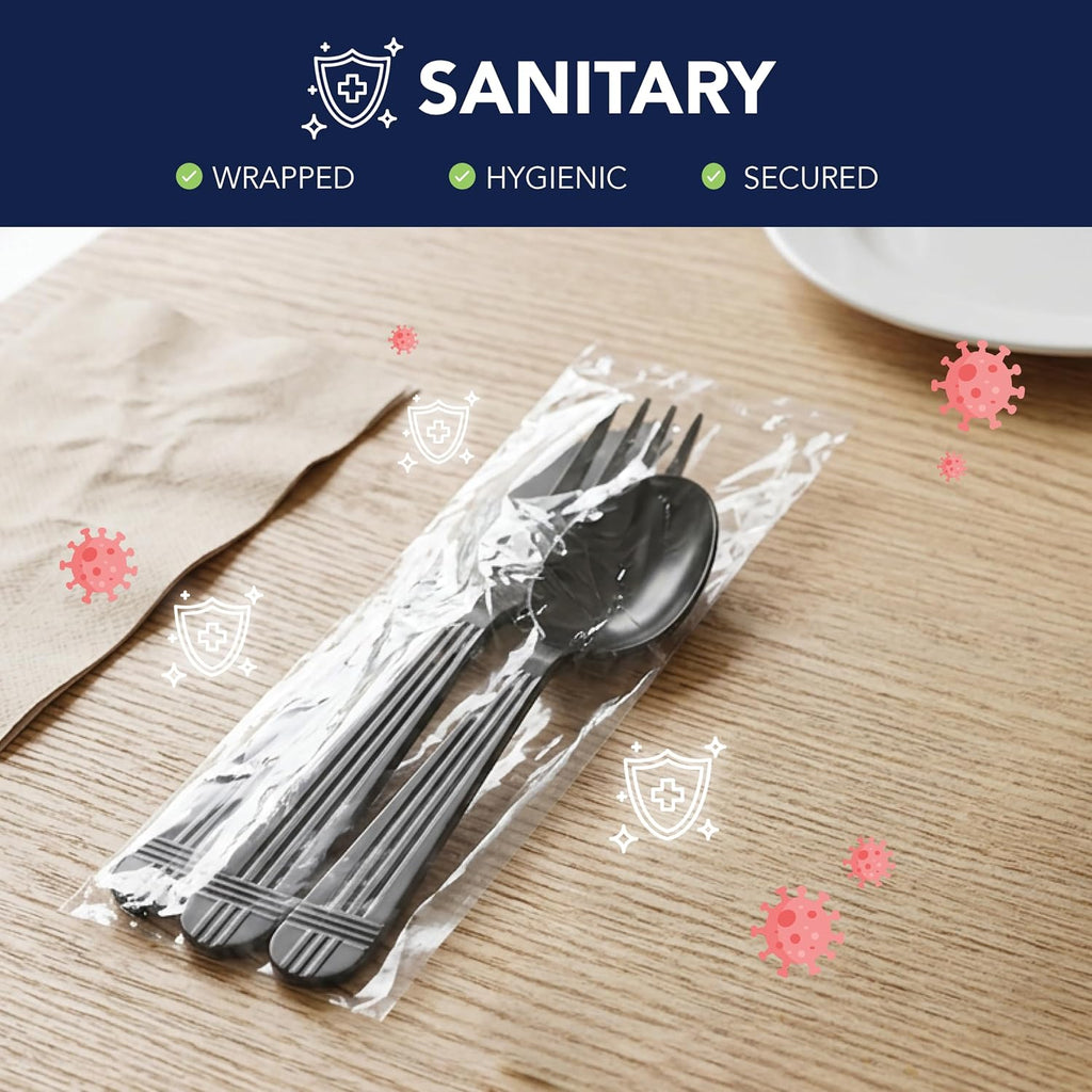 Individually Wrapped Heavy Duty Plastic Utensil Kits, 50 Sets for Party Catering, Fork/Spoon/Knife, Black