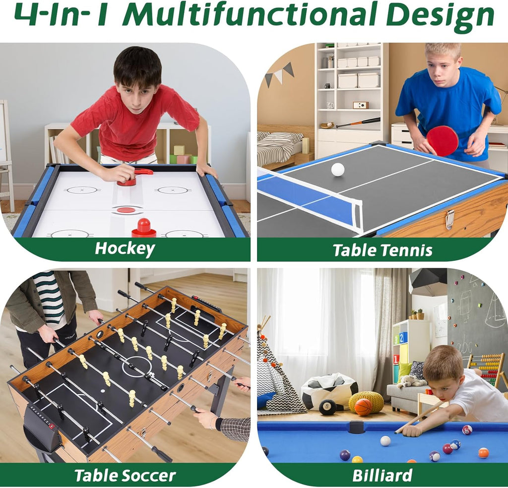 54inch 4-in-1 Multi Game Table Set for Home, Game Room | Combination Game Table w/Billiards, Hockey, Foosball, and