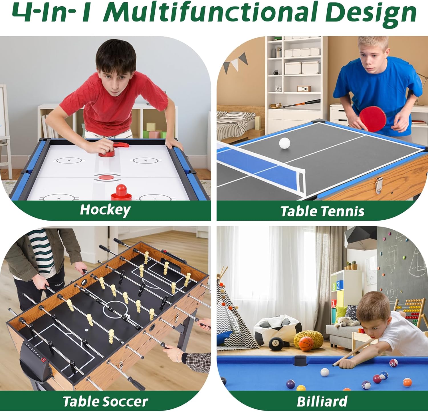 54inch 4-in-1 Multi Game Table Set for Home, Game Room | Combination Game Table w/Billiards, Hockey, Foosball, and