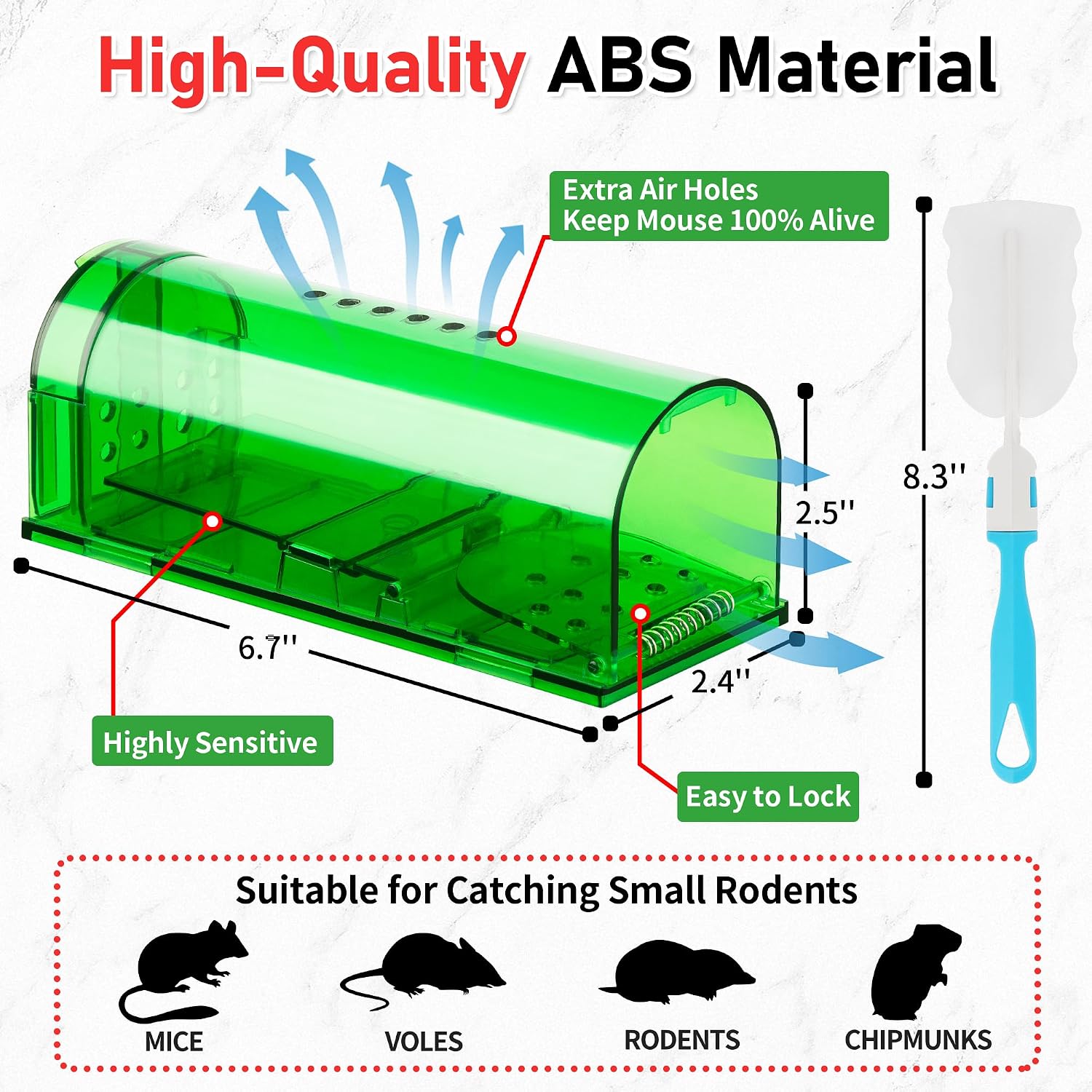 Humane Mouse Traps 2 Pack | Live No Touch Catch and Release No Kill Rodent Traps | Reusable with Cleaning Brush | Pet