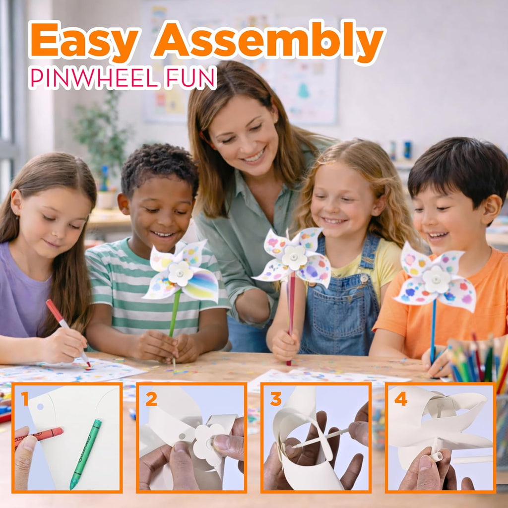 24 Pack DIY Pinwheels Craft for Kids, Bulk Summer Pinwheel Craft Kit, Color Your Own Paper Windmill Patriotic