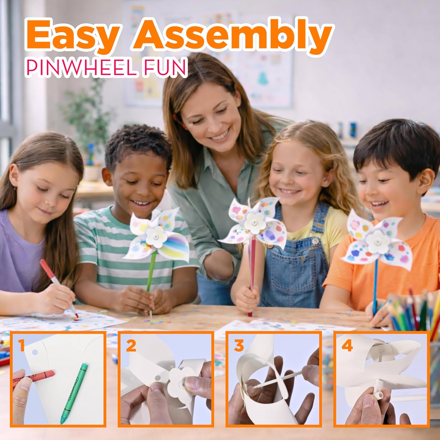 24 Pack DIY Pinwheels Craft for Kids, Bulk Summer Pinwheel Craft Kit, Color Your Own Paper Windmill Patriotic