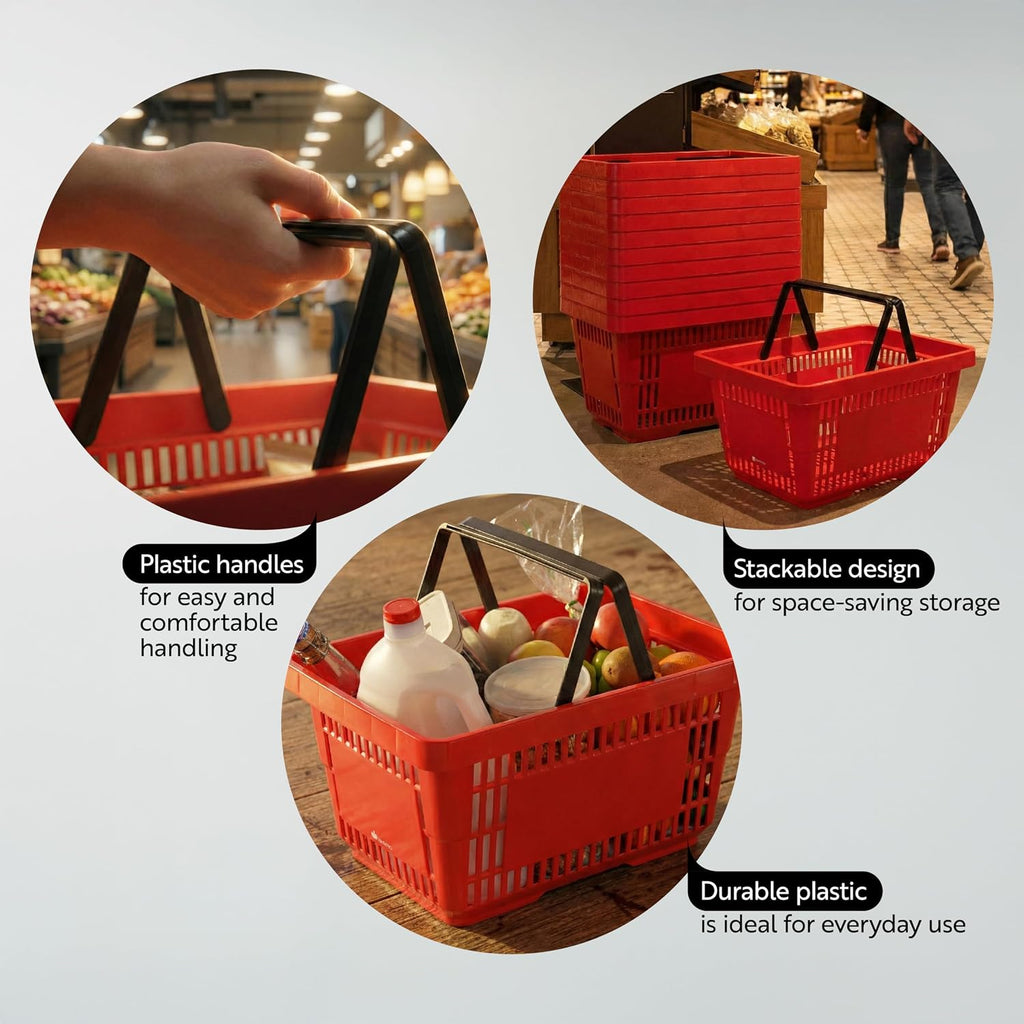 Shopping Basket 1 Count 16.9 x 11.6 x 9 Inches Durable with Flat Black Plastic Handles Stackable and Easy-to-Clean