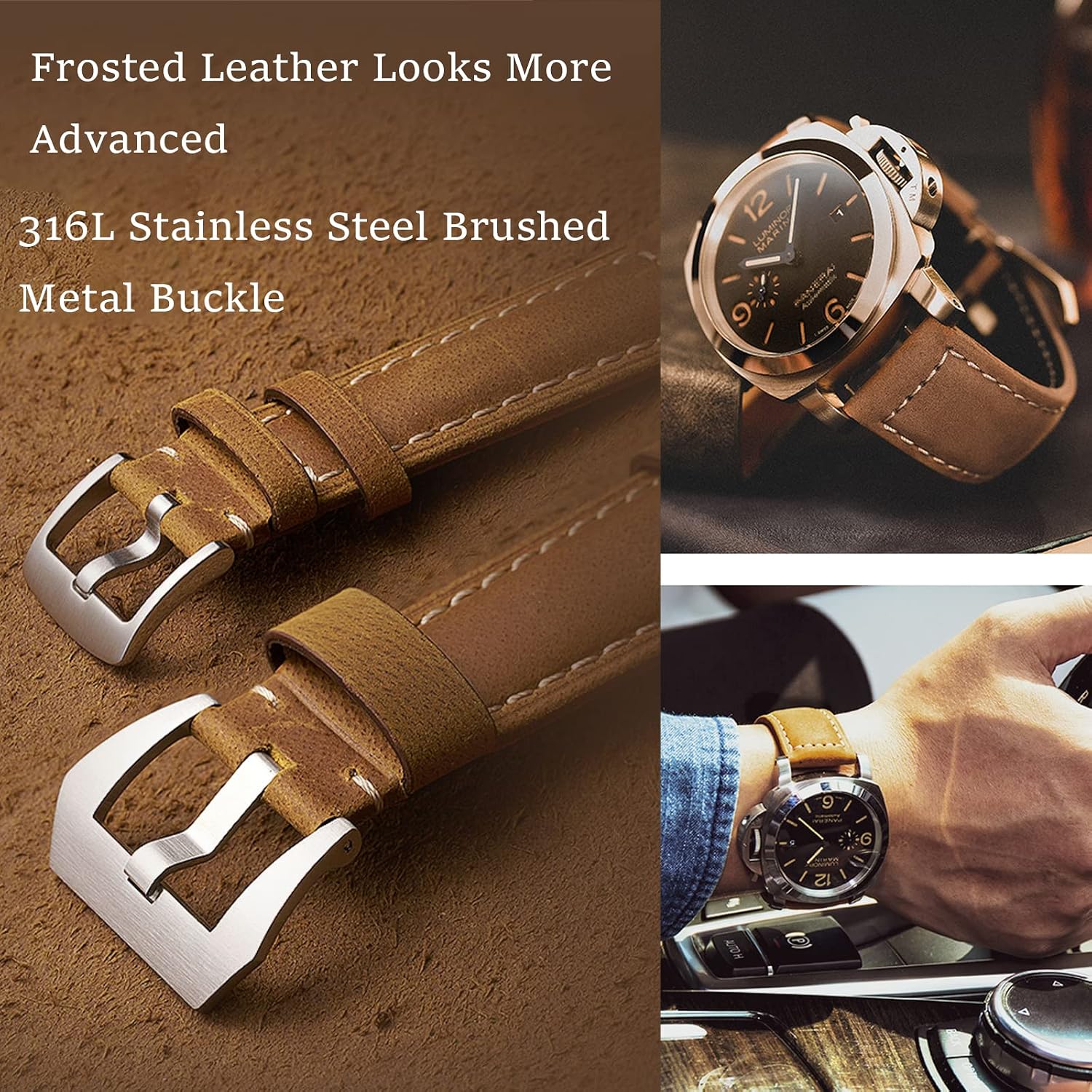 Vintage Leather Watch Bands for Men - Top Grain Leather Compatible with Panerai Watch Band - 20mm, 22mm, 24mm, 26mm