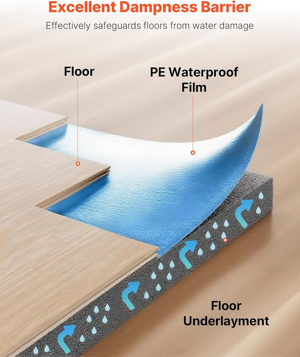 Floor Underlayment 200 sq. ft/Roll, 3 mm Thick Laminate Flooring Padding with Attached Vapor Barrier, Heavy Duty