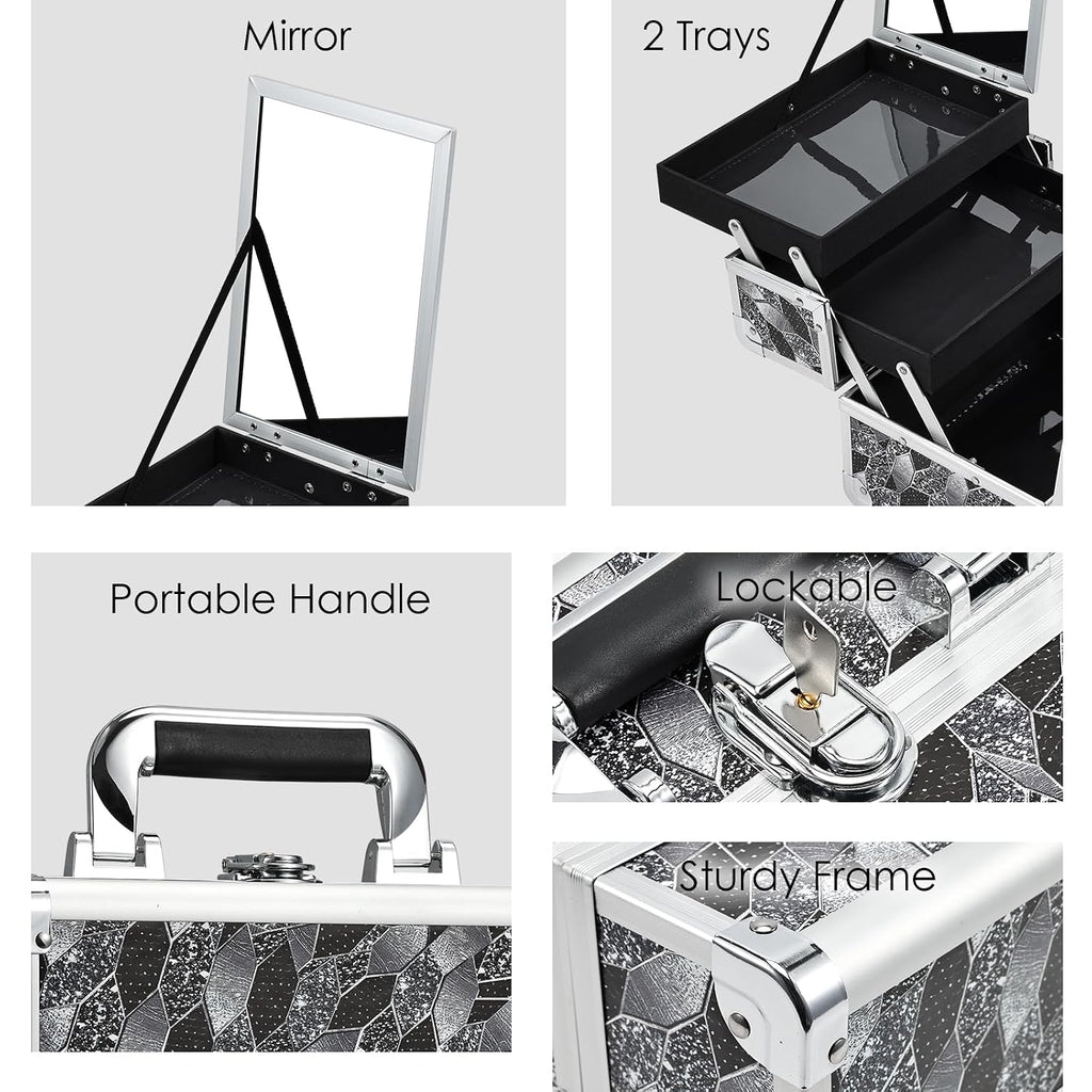 Makeup Case Organizer Makeup Box Portable Cosmetic Train Case Hard Vanity Storage with 2 Trays Mirror Locking Make Up