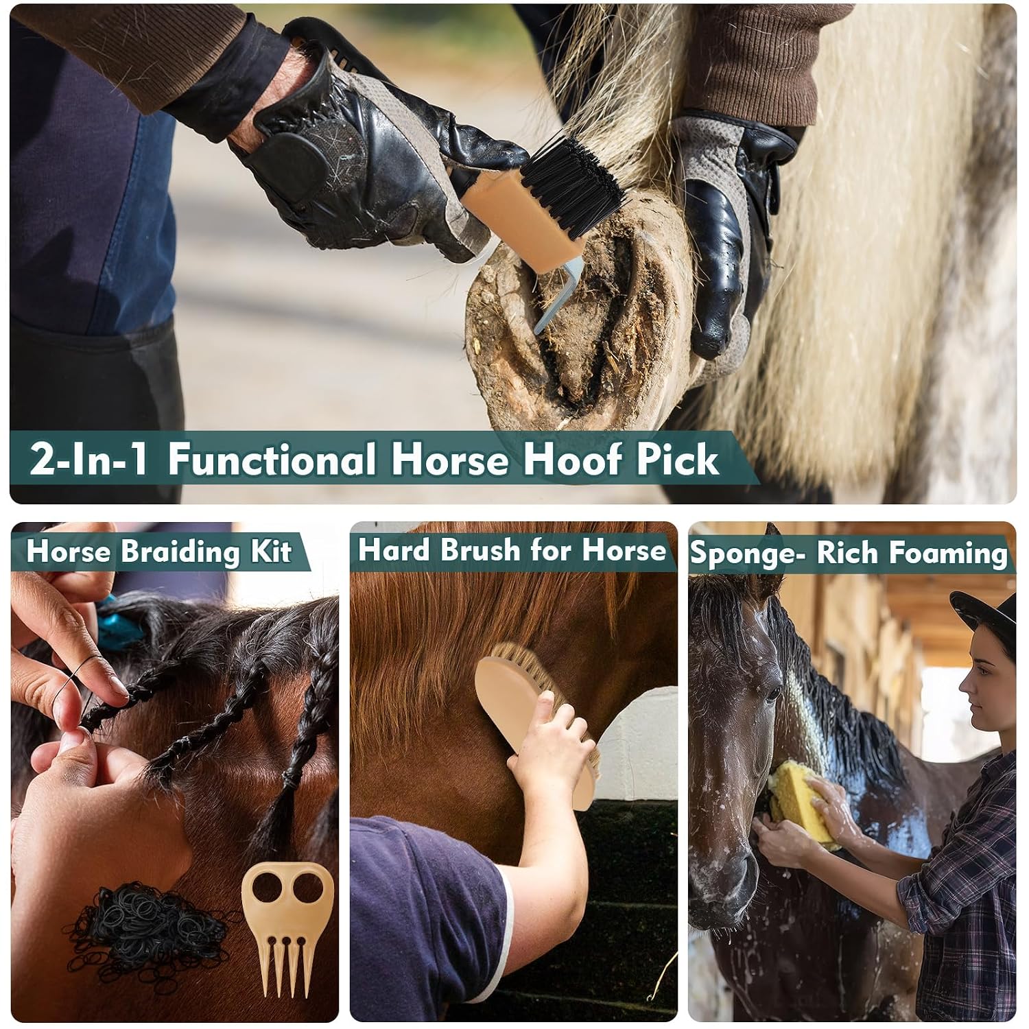 Horse Grooming Kit for Bathing, 13Pcs Horse-Brush Set with Mesh Bag, Shower Brushes, Braiding and Curry Comb, Sweat