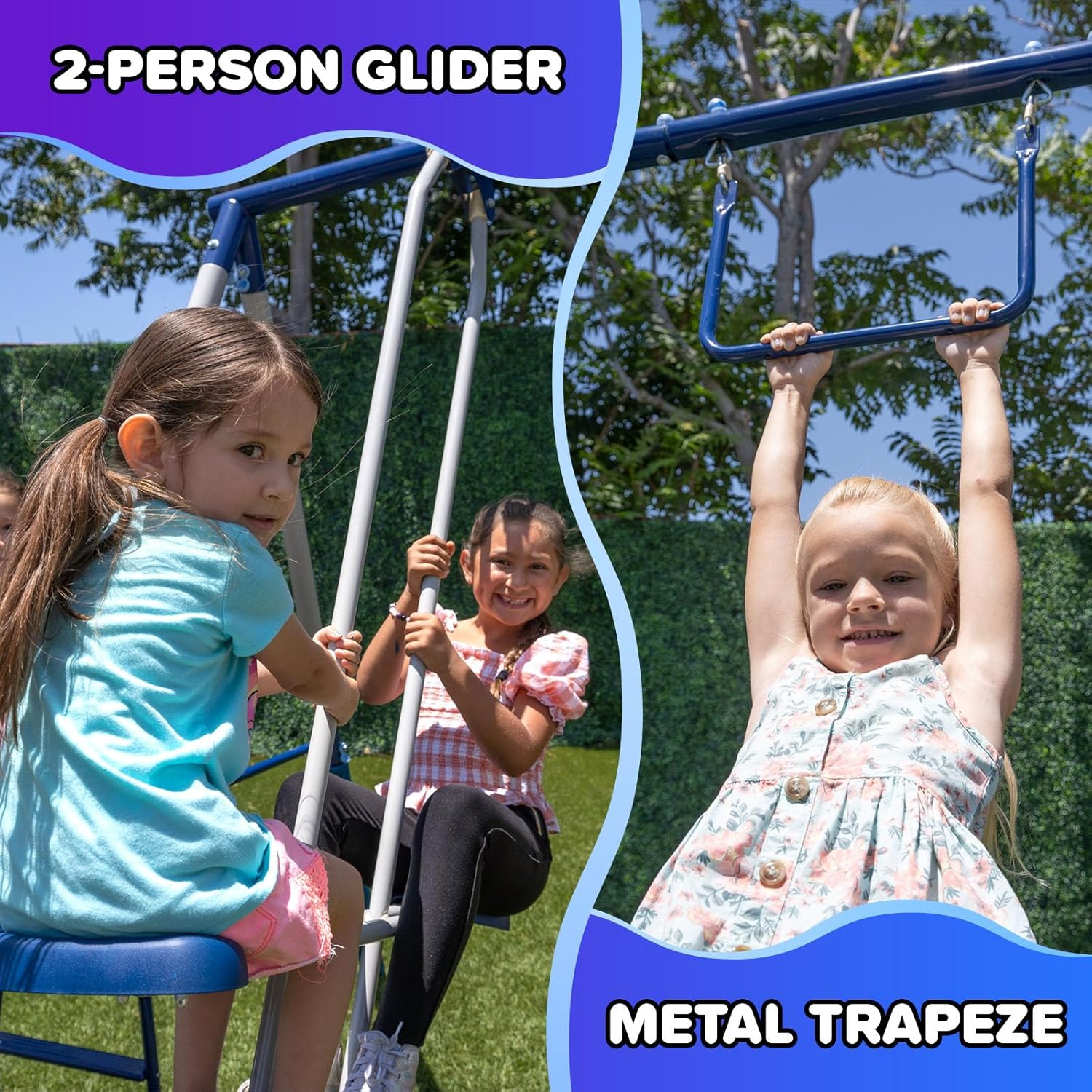 Arcadia Metal Swing Set for Kids – Trapeze, 2-Person Glider, 5ft Slide, Anchor Kit, 6.1' Durable Steel Frame –