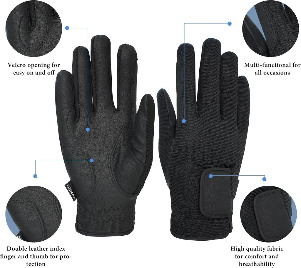 Equestrian Riding Gloves, Touch Screen, Double-Layer PU Fingers, Hook & Loop Wrist - Ideal for Horse Riding, Boating