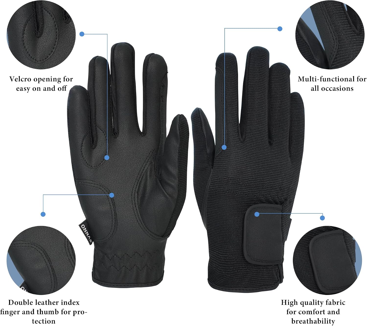 Equestrian Riding Gloves, Touch Screen, Double-Layer PU Fingers, Hook & Loop Wrist - Ideal for Horse Riding, Boating