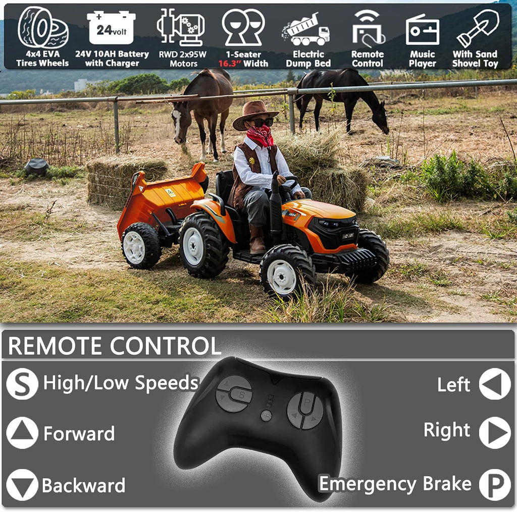 24V Ride On Tractor with Electric Trailer 2WD Ride On Toy Car for Big Kids 6+, Remote Control, Extra Large EVA