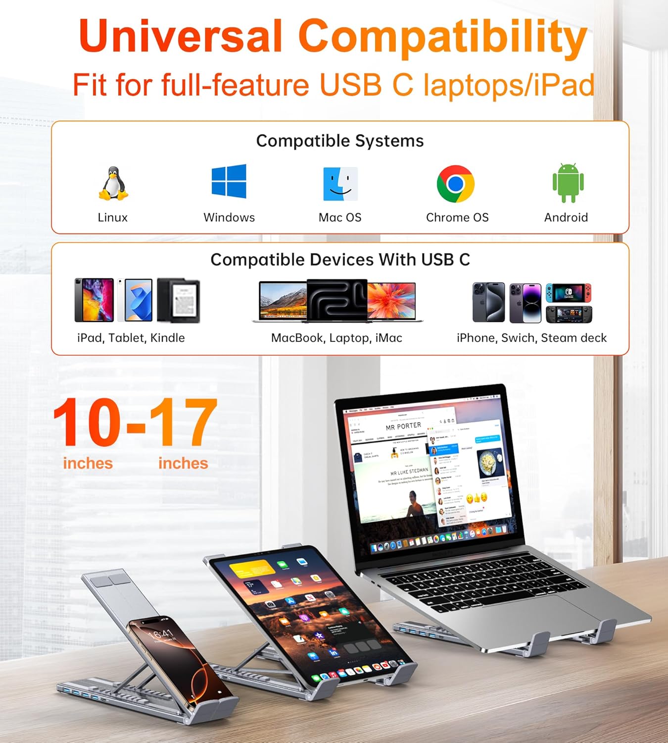 5-in-1 USB C Hub Adjustable Aluminum Laptop Stand, 4-Port USB A 3.0 with 5Gbps Data Transfer USB C Hub Docking