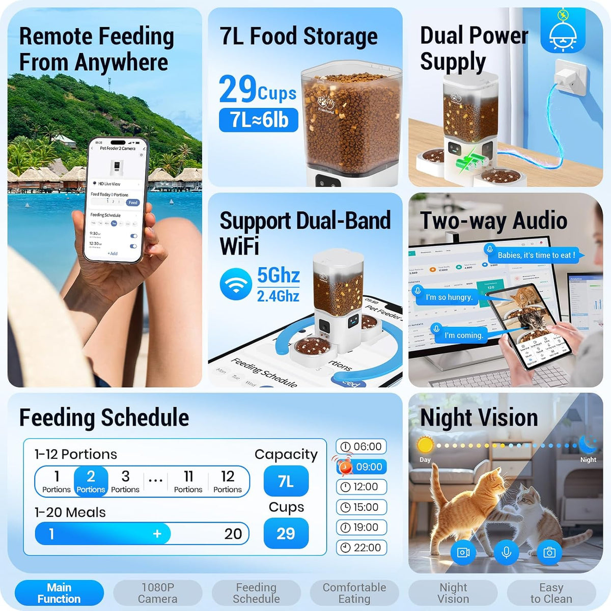 Dual Automatic Cat Feeder with Camera for 2 Cats: 5G WiFi Automatic Dog Feeder with Night Vision, 7L Auto Cat Food