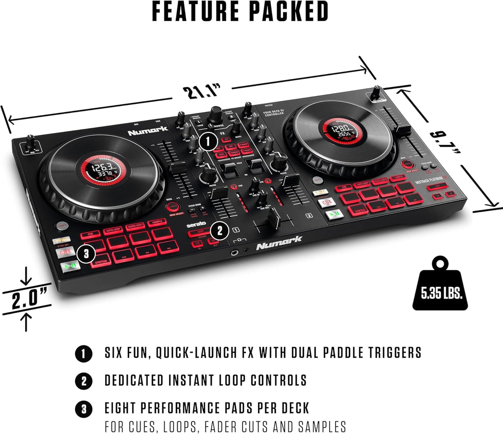 Mixtrack Platinum FX DJ Controller | 4-Decks, 3-Band EQ DJ Mixer, Jog Wheel Displays, 16 Pads, 2 Effects Paddles