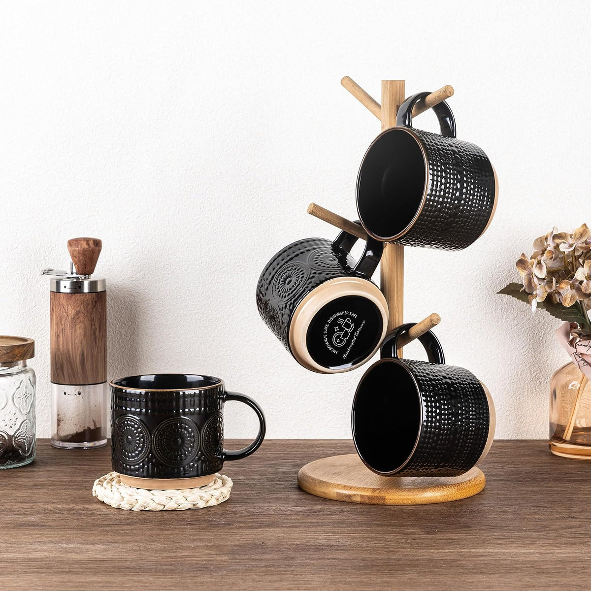 12OZ Stackable Coffee Mugs, Ceramic Coffee Mugs with Texture Patterns for Man,Woman,Dad,Mom, Modern Coffee Mugs Set