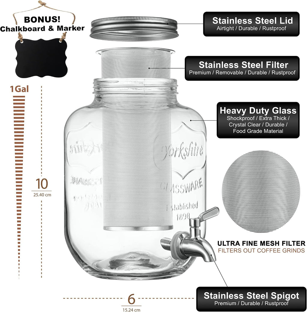 1 Gallon Cold Brew Coffee Maker - 3rd Generation Fine Mesh Filter - Stainless Steel Spigot - Extra Thick Large Glass