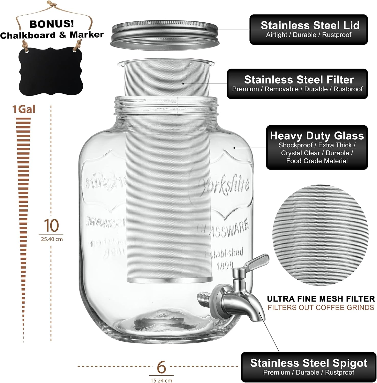 1 Gallon Cold Brew Coffee Maker - 3rd Generation Fine Mesh Filter - Stainless Steel Spigot - Extra Thick Large Glass