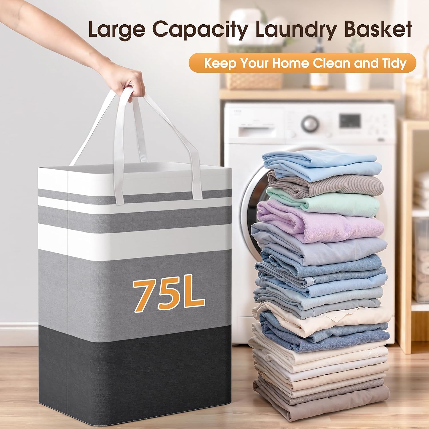 2 Pack Large Laundry Baskets, Laundry Hampers Bags (Grey 75Lx2) | Waterproof, Freestanding, Collapsible Clothes
