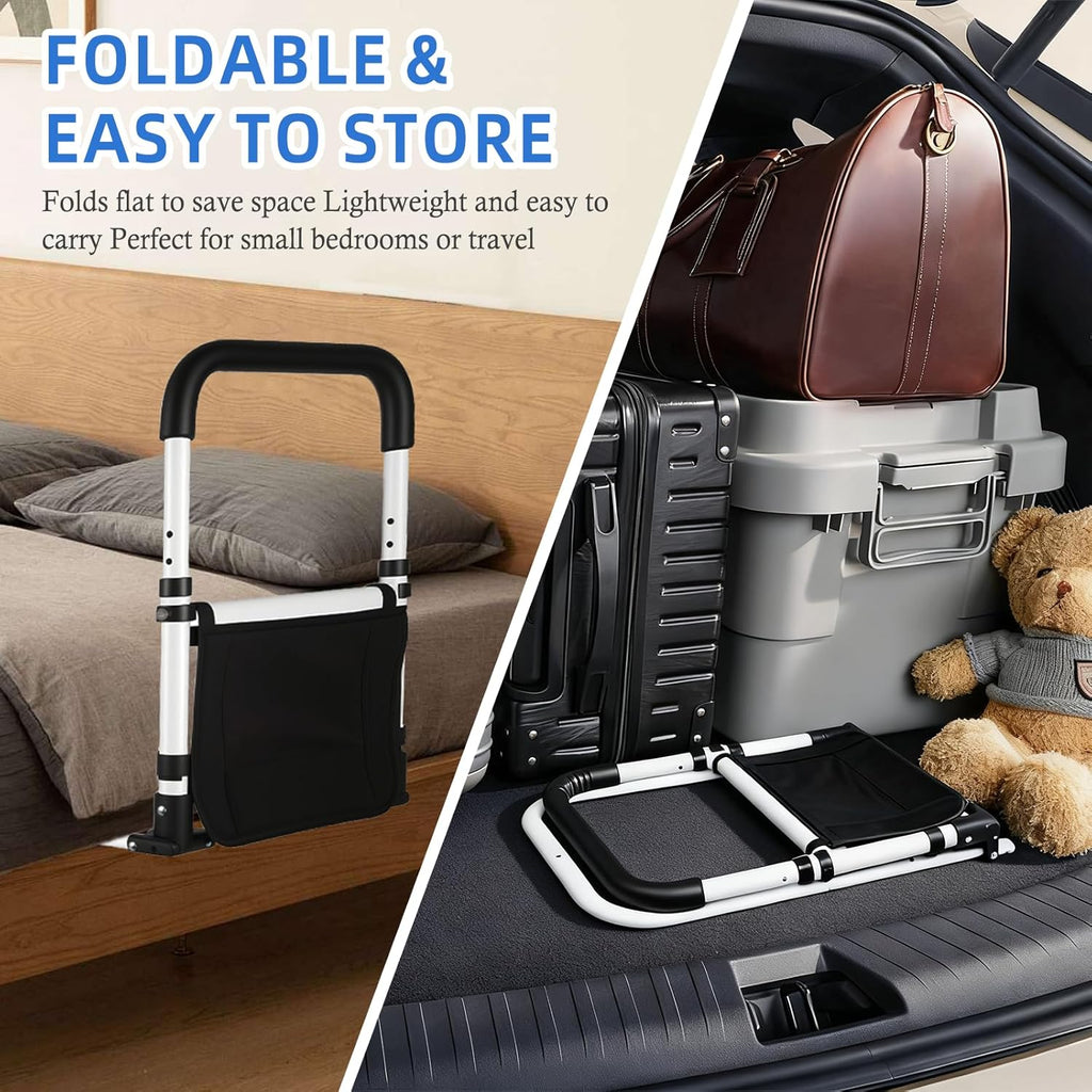 Bed Rail for Elderly Adults Safety, 90° Foldable Bed Assist Bar with Adjustable Height, Flat Base Fits Under