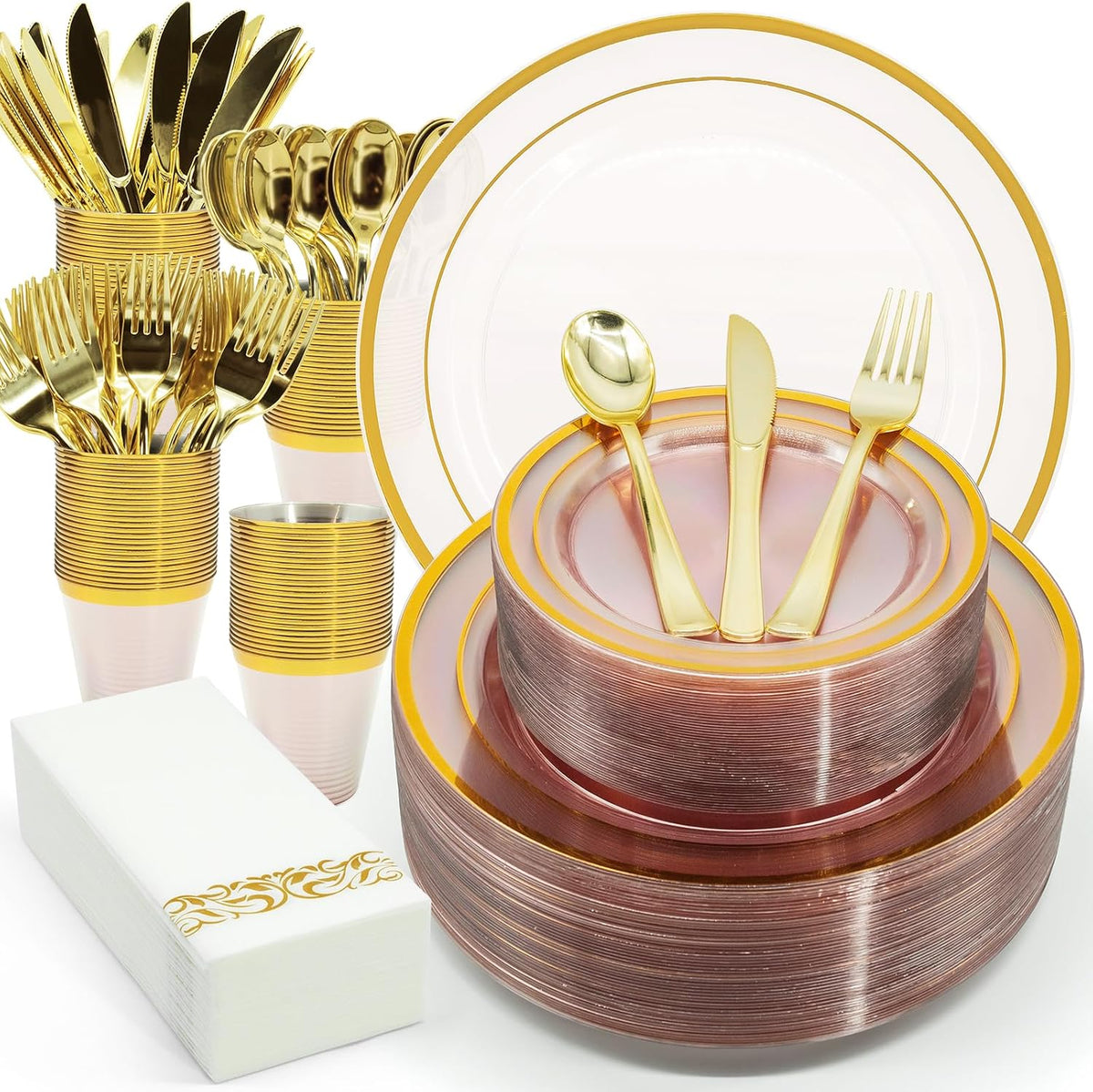 Gold Pink Plastic Plates Set, 175PCS Disposable Tableware for 25