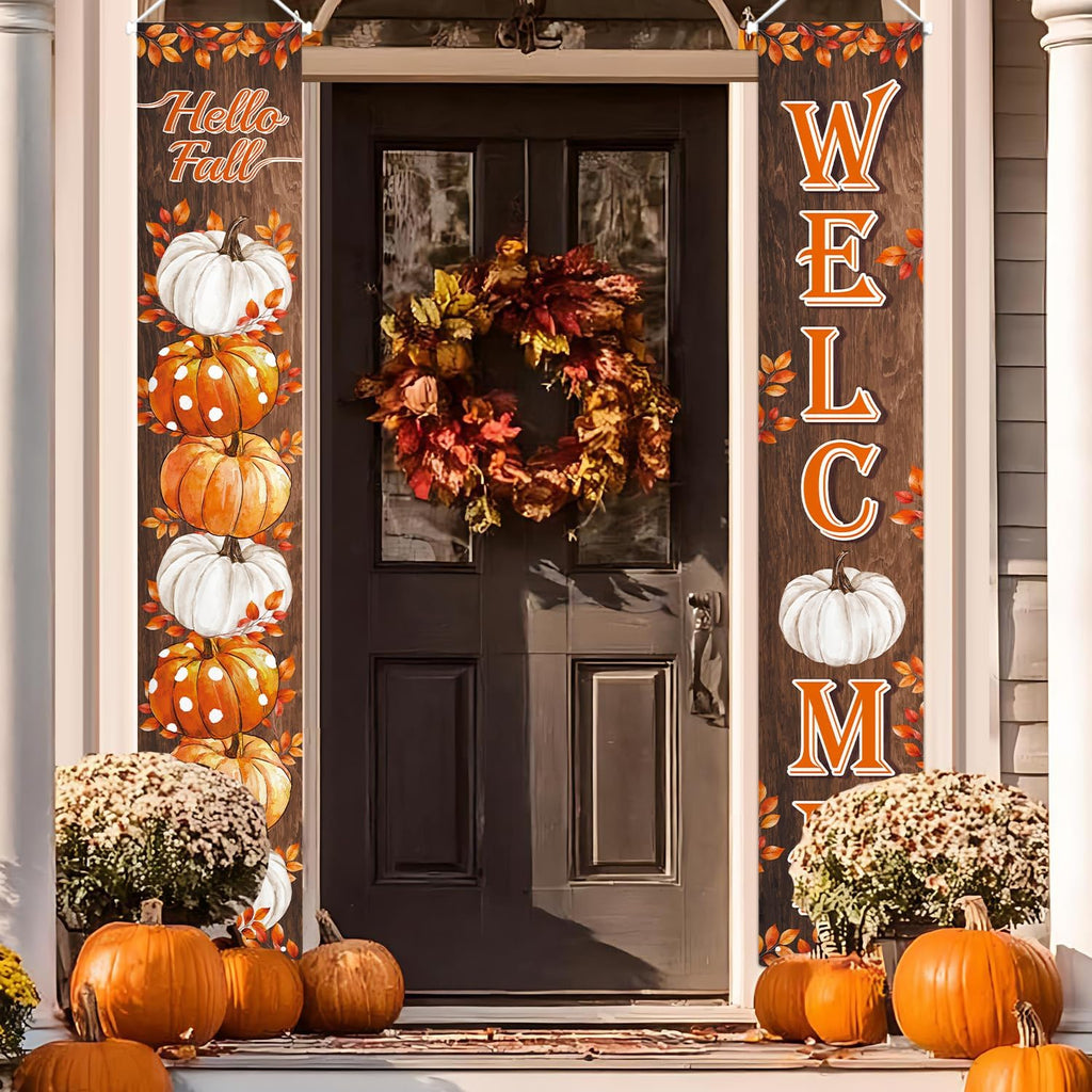 Fall Pumpkin Porch Banner Autumn Thanksgiving Door Decorations | Welcome & Hello Fall Sign Door Decorations Wooden