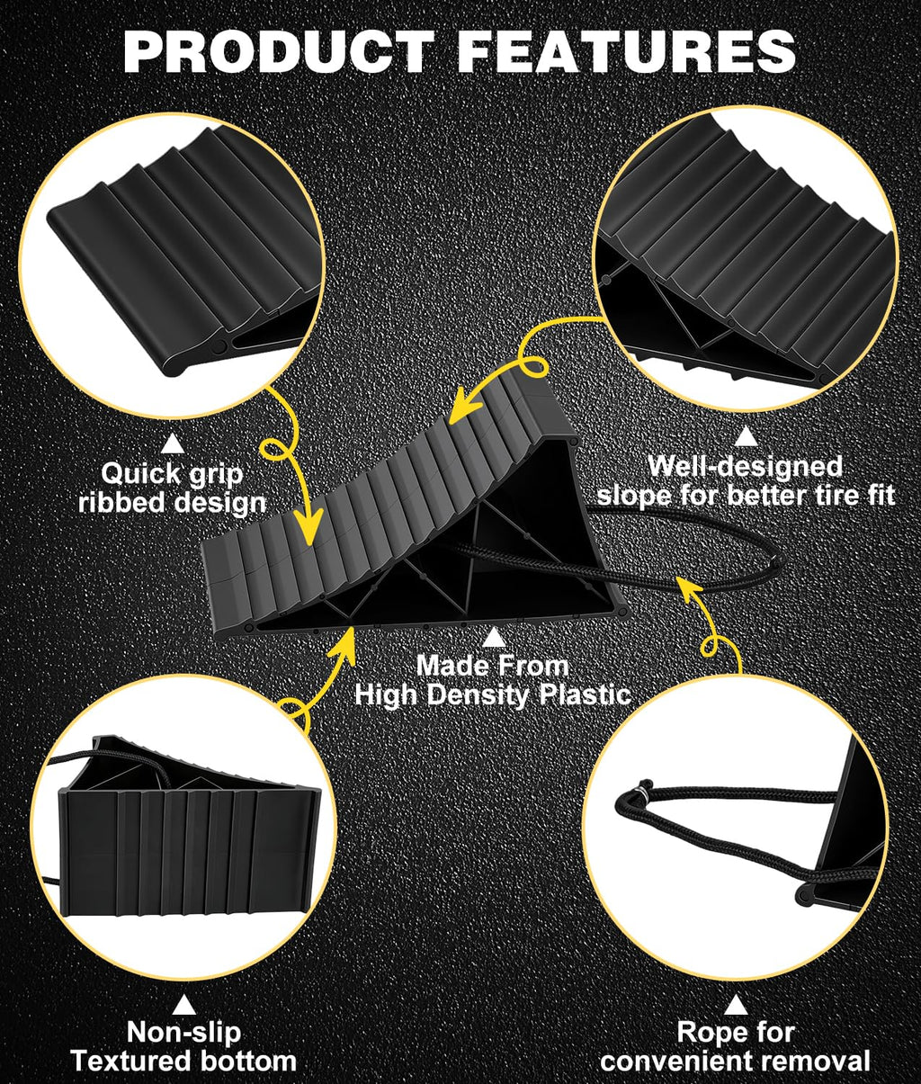 Wheel Chocks, 4Pack Heavy Duty Wheel Chocks with Rope, Black