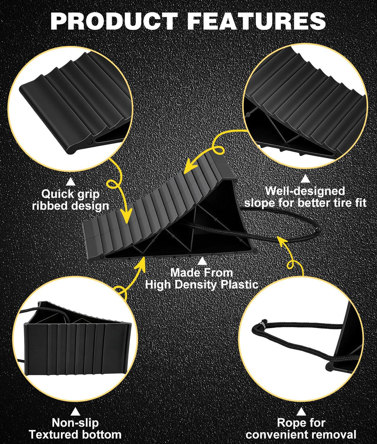Wheel Chocks, 4Pack Heavy Duty Wheel Chocks with Rope, Black