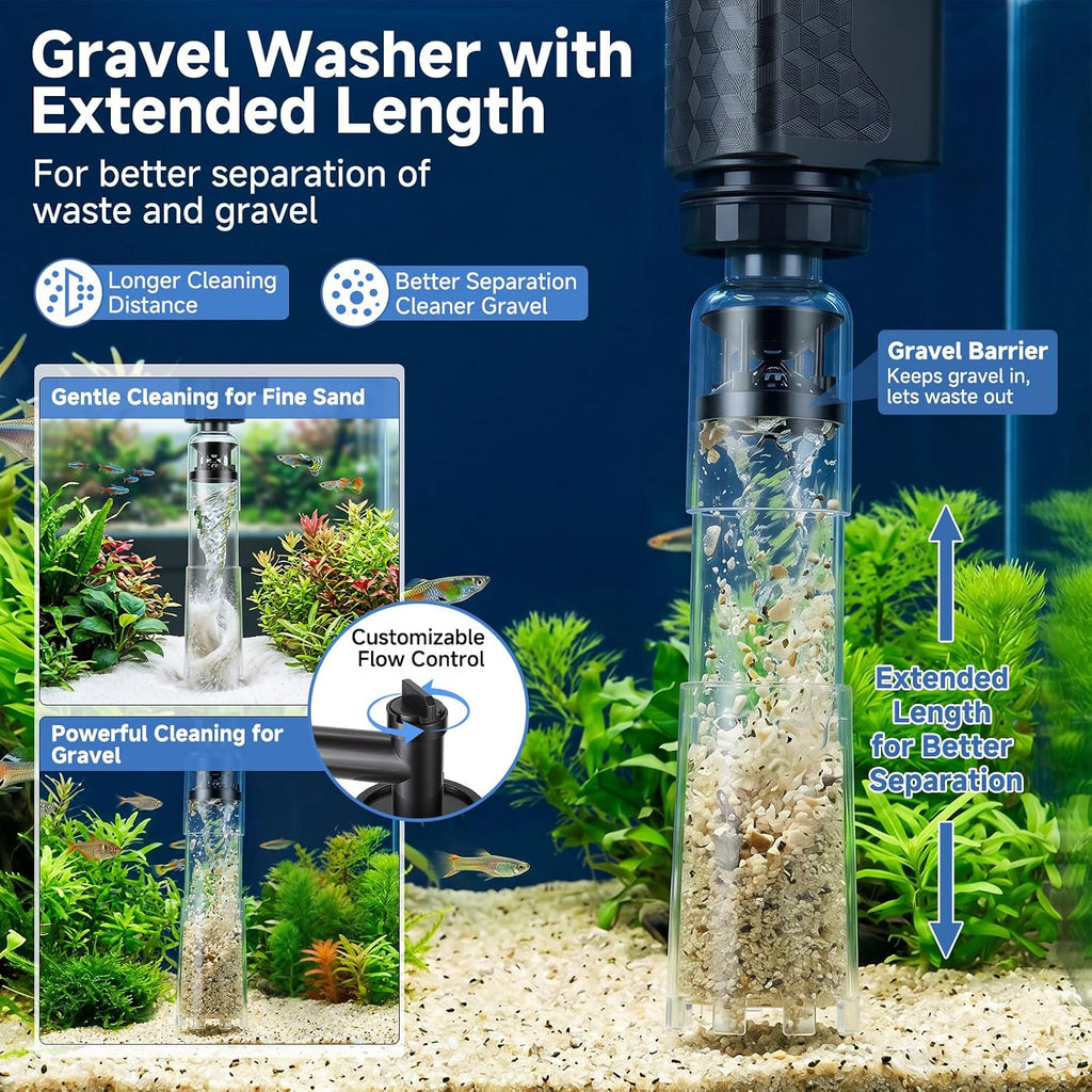 Aquarium Gravel Vacuum Cleaner, 8-in-1 Electric Fish Tank Cleaner with Automatic Water Change,320GPH Strong Suction