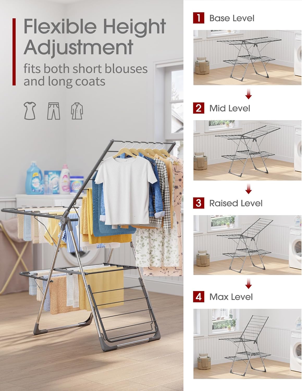 Clothes Drying Rack, Foldable 2-Level with 55.5" Adjustable Wings | Laundry Room, Bedroom, Indoor & Outdoor Use