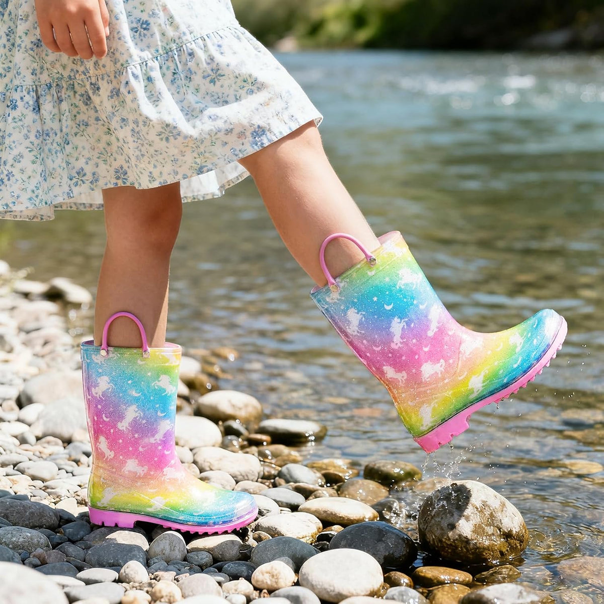 Toddler Rain Boots For Girls Waterproof Rainboots Little Girls Glitter Unicorn Rain Boots For Kids With Easy-On Handles