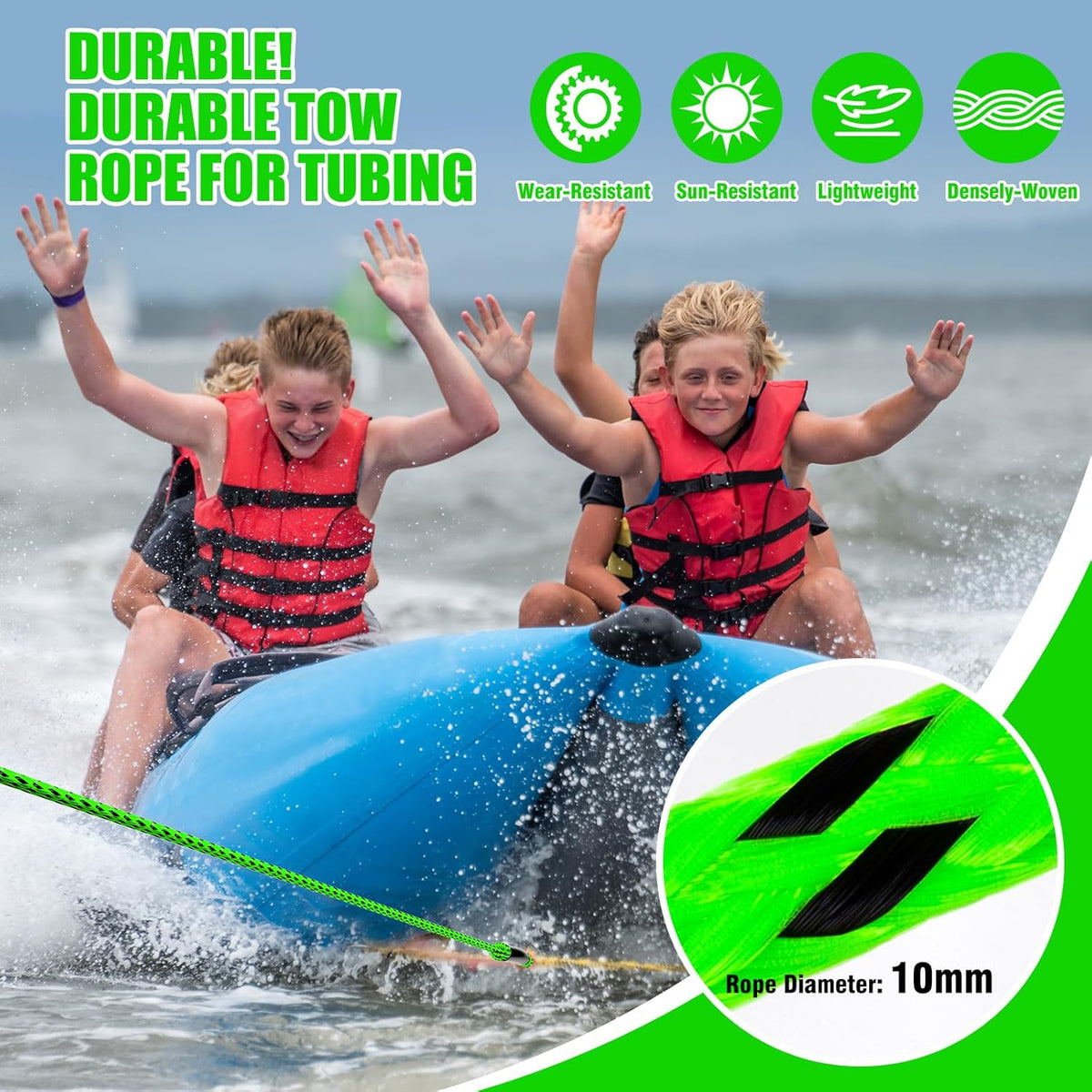 4-6K 60FT Boat Tow Rope for Tubing, Fits 1-4 Person Towable Tubes Boating, Heavy-Duty Floating Tube Tow Rope for