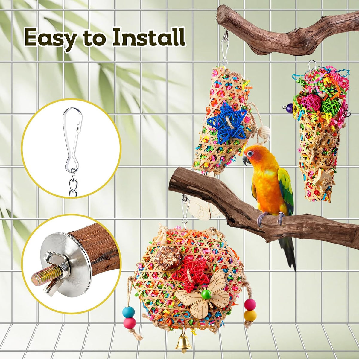 Bird Toys, Parakeet Foraging Toys, Hanging Chewing Toys with Natural Wooden Perches, Bird Cage Accessories, Suitable