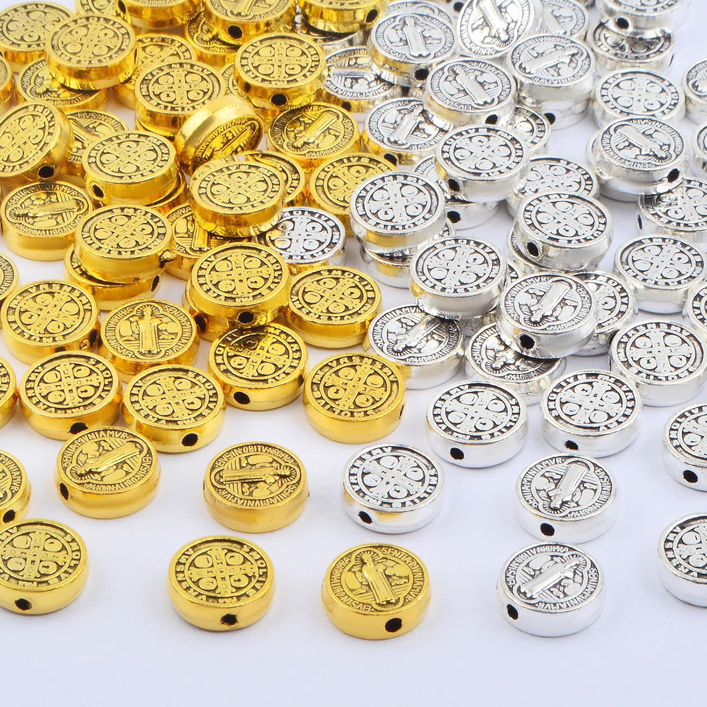 100pcs 9.5 mm Round Double-Sided Jesus Cross Spacer Beads Catholic Saint Benedict Beads Religious Loose Beads for DIY