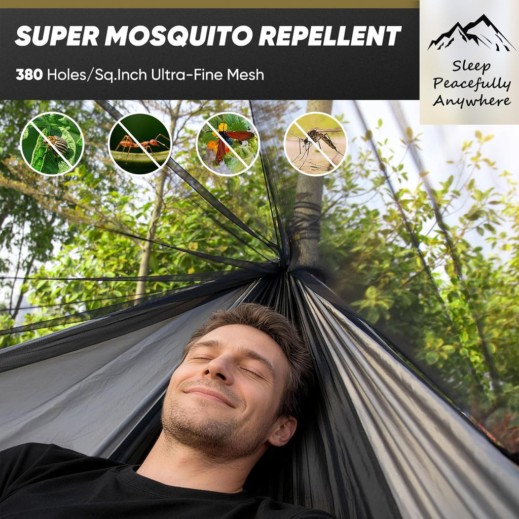 Camping Hammock with Mosquito Net, 500 lbs Portable Hammock with Tree Straps, 2-in-1 Double/Single Travel Hammock