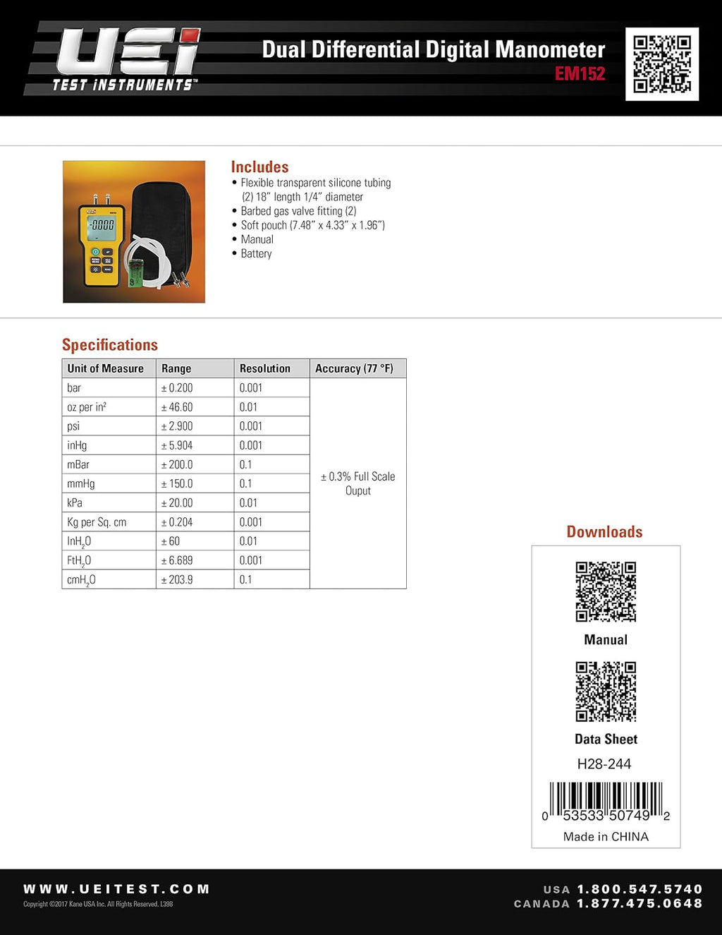UEi Test Instruments EM152 Dual Differential Digital Manometer