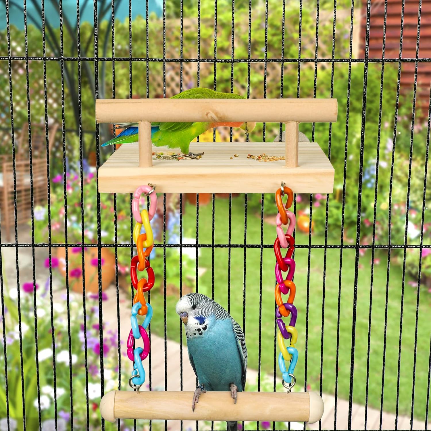 Bird Perches Cage Toys Parrot Wooden Platform Play Gyms Exercise Stands with Acrylic Wood Swing Ferris Wheel Chewing