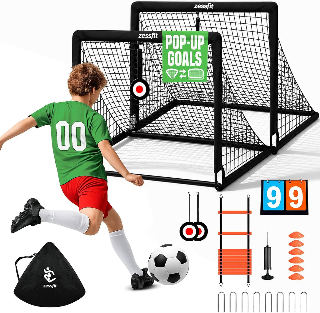 Kids Soccer Goal Set for Backyard, Portable Soccer Nets Set of 2 with Soccer Ball, Scoreboard, Agility Ladder, Cones